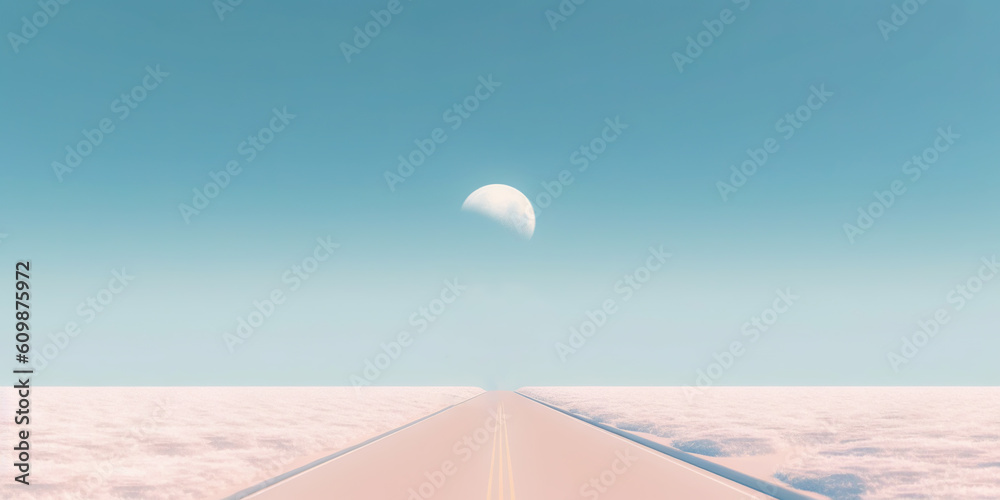 Minimalistic empty highway in winter. Road surrounded snow. Travel concept. Generative AI