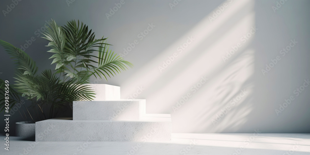 White product display podium with nature palm leaves. Generative AI