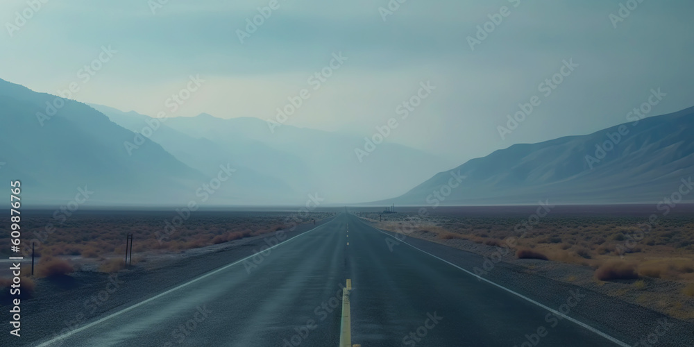 Minimalistic misty empty highway. Foggy road. Mystery travel concept. Generative AI