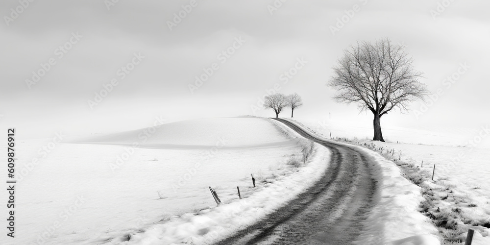 Minimalistic empty highway in winter. Road surrounded snow. Travel concept. Generative AI