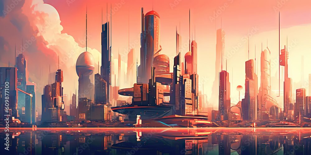 Panoramic cityscape in cyberpunk futuristic style. Towering skyscrapers in neon retrowave colors. Ge