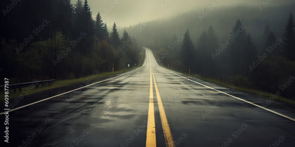 Minimalistic wet road and rain. Wet empty highway. Generative AI