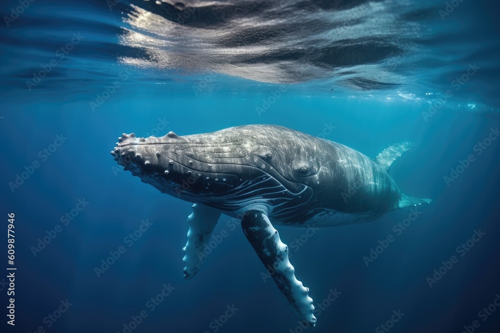 Humpback Whale Plays Near the Surface in Blue Water. Humpback whale in pacific sea. Generative ai