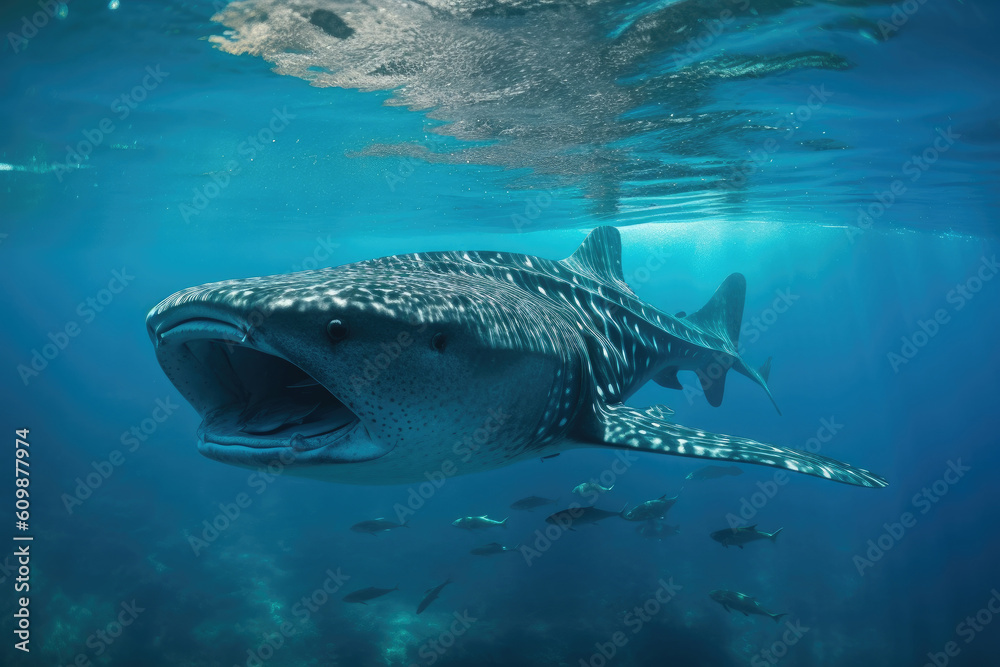 A whale shark plays near the surface in blue water. Whale shark in pacific sea. Generative ai