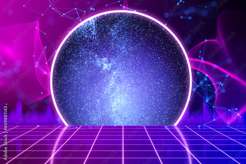 Creative glowing purple metaverse space background. Abstract world and innovation concept. 3D Render