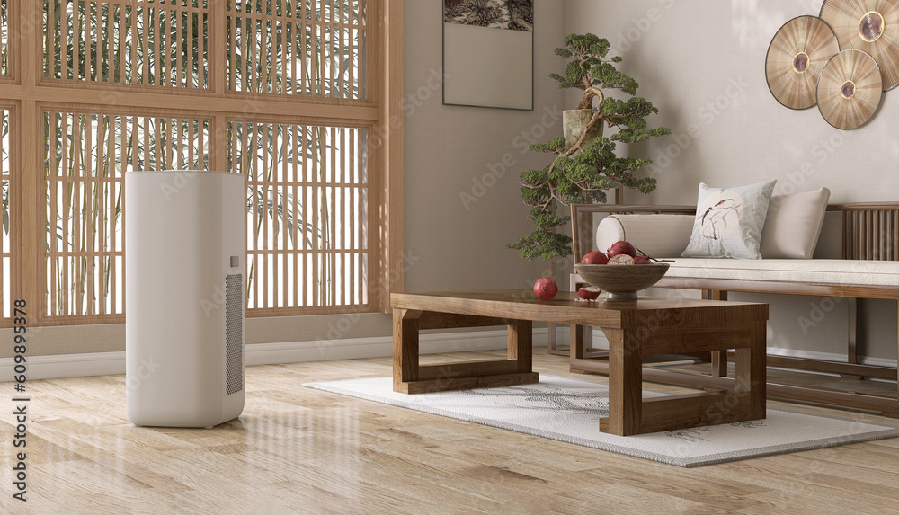 White modern design air purifier, dehumidifier in vintage Chinese living room, wood day bed sofa, co