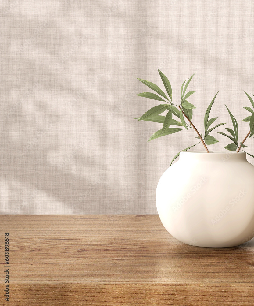 Blank brown wooden counter table, bamboo in cream vase in soft sunlight, leaf shadow on beige textur