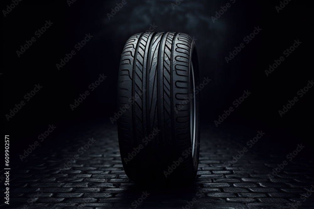 Car tires on dark background. Generative AI