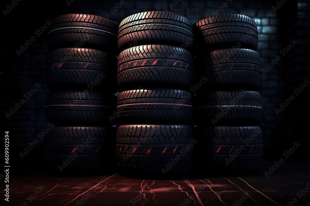 New Car tires pile on dark background. Generative AI