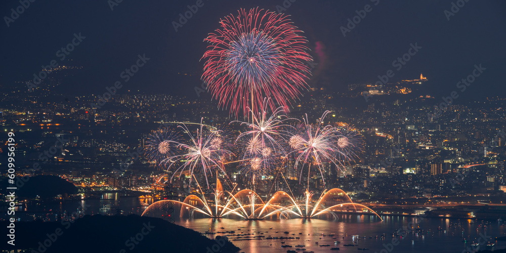 Beautiful scenery with fireworks and night view.