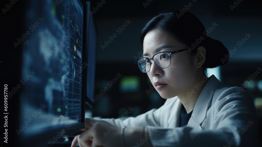 Businessperson Female Asian Mature Analyzing financial data on computer in Office. Generative AI AIG