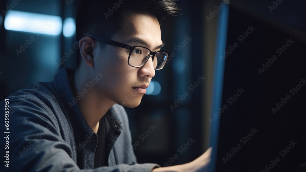 Software Engineer Male Asian Young Adult Typing on laptop in Office. Generative AI AIG22.