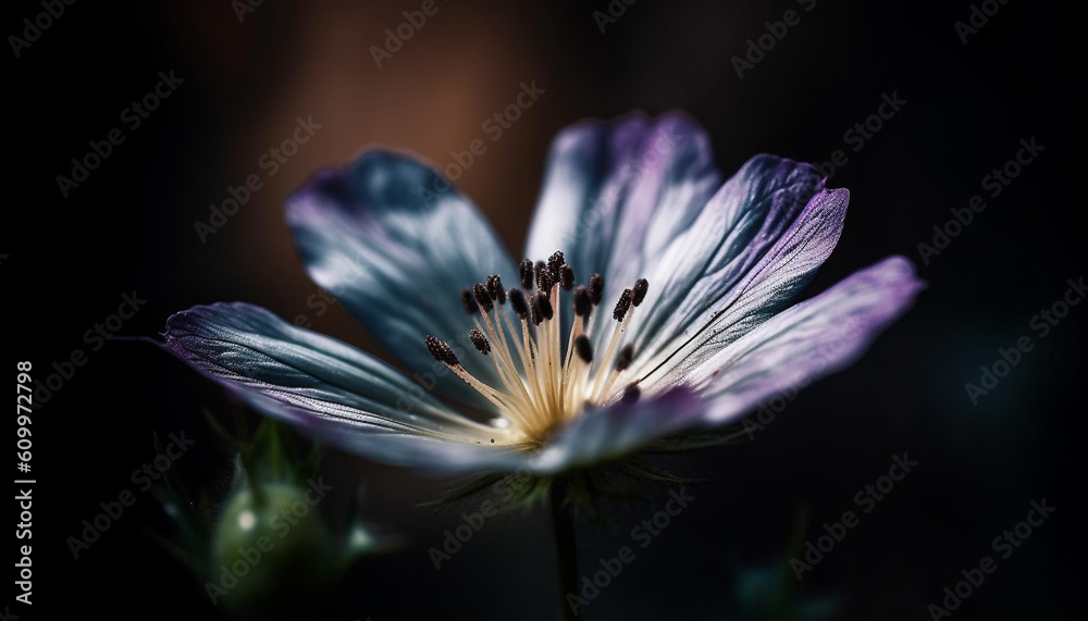 Soft focus on single purple wildflower in meadow, beauty in nature generated by AI