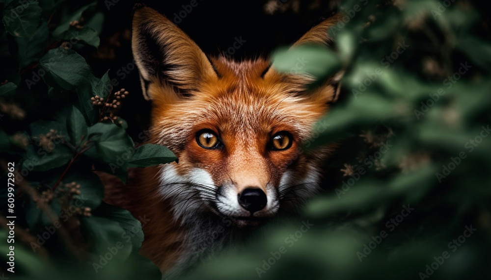 Red fox staring, cute and fluffy, in natural winter beauty generated by AI