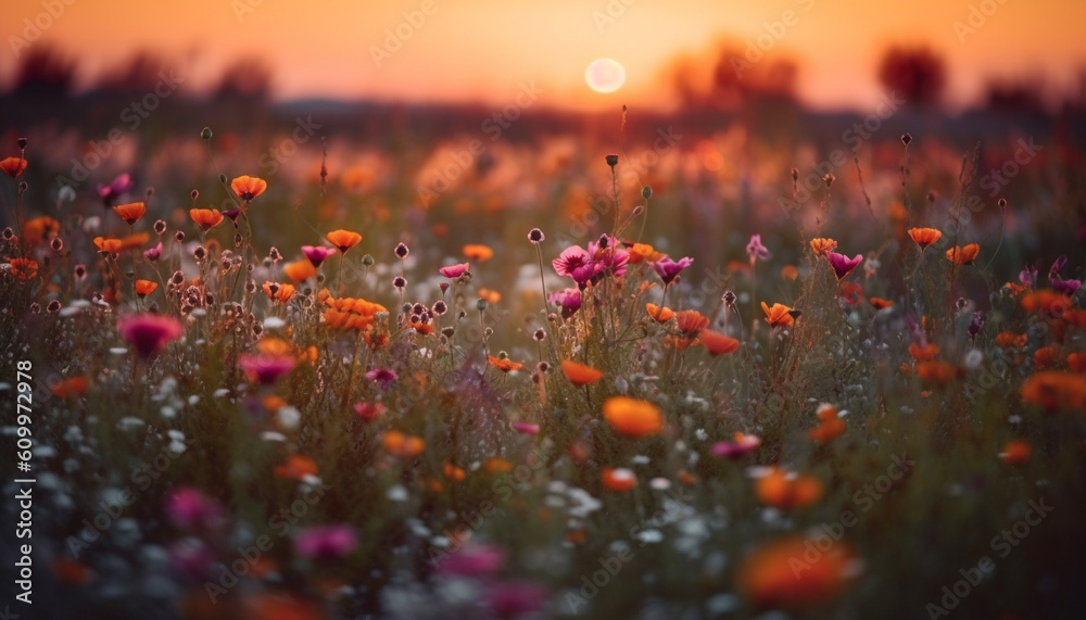 Vibrant wildflowers bloom in tranquil meadow at dawn first light generated by AI