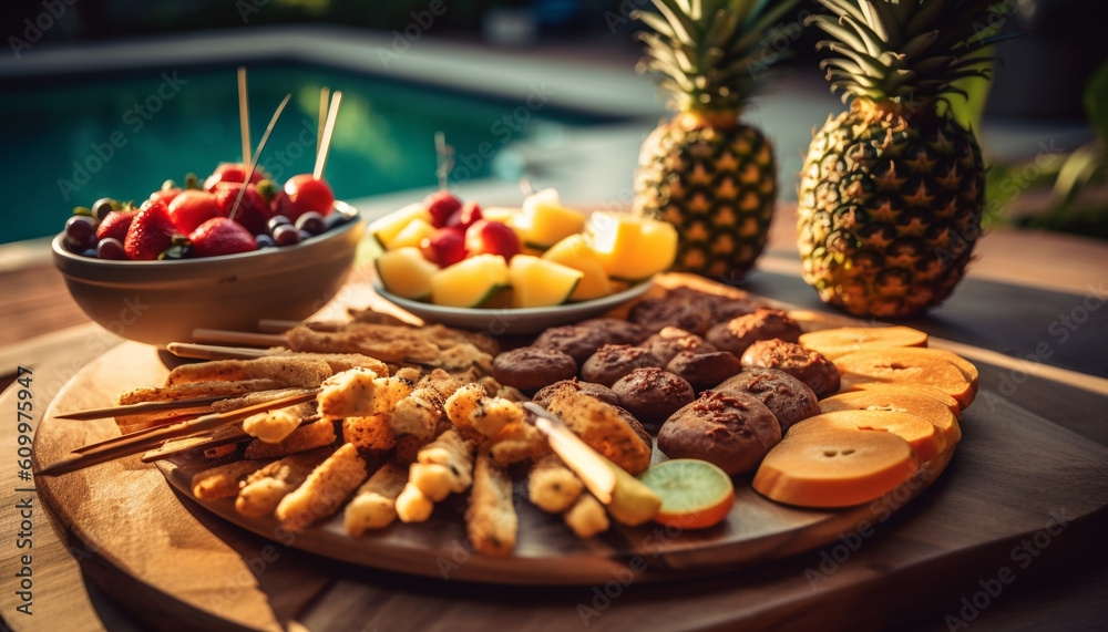 Foreground focus Fresh gourmet skewer plate with grilled meat and vegetables generated by AI