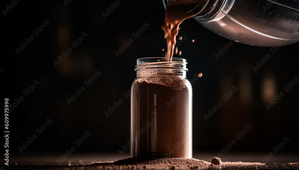 Pouring fresh coffee into a rustic wooden mug on dark table generated by AI