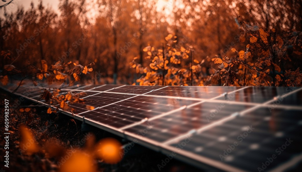 Sustainable farm generates electricity with solar panels in autumn landscape generated by AI