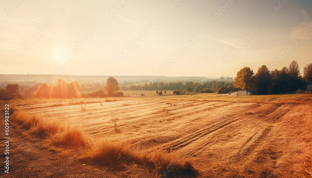 Golden wheat fields under tranquil blue skies, nature beauty shines generated by AI