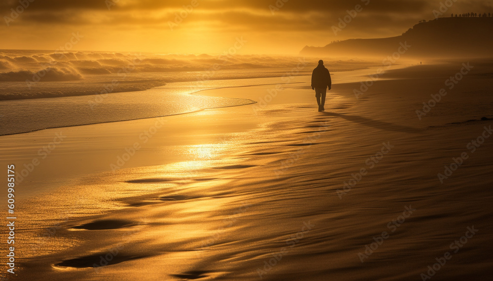 Silhouette of an adult walking along the idyllic coastline at sunset generated by AI