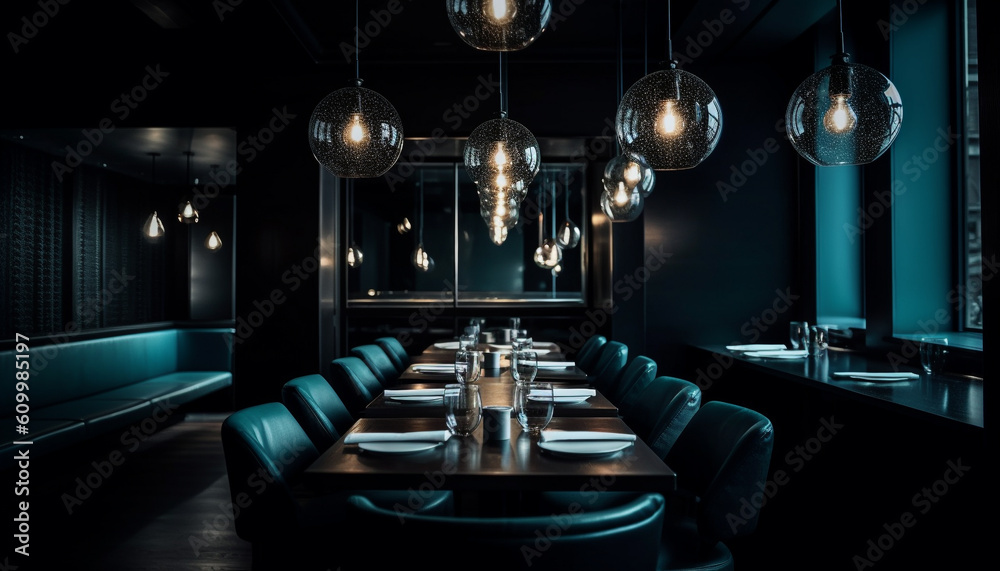 Blue glass dining table shines in elegant nightclub lighting equipment generated by AI