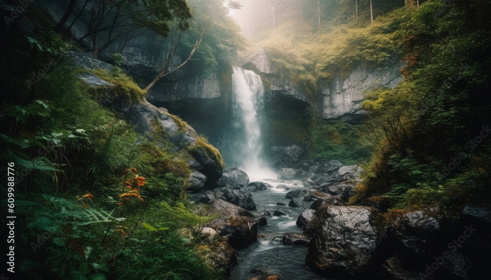 Tranquil scene of flowing water in majestic mountain range beauty generated by AI