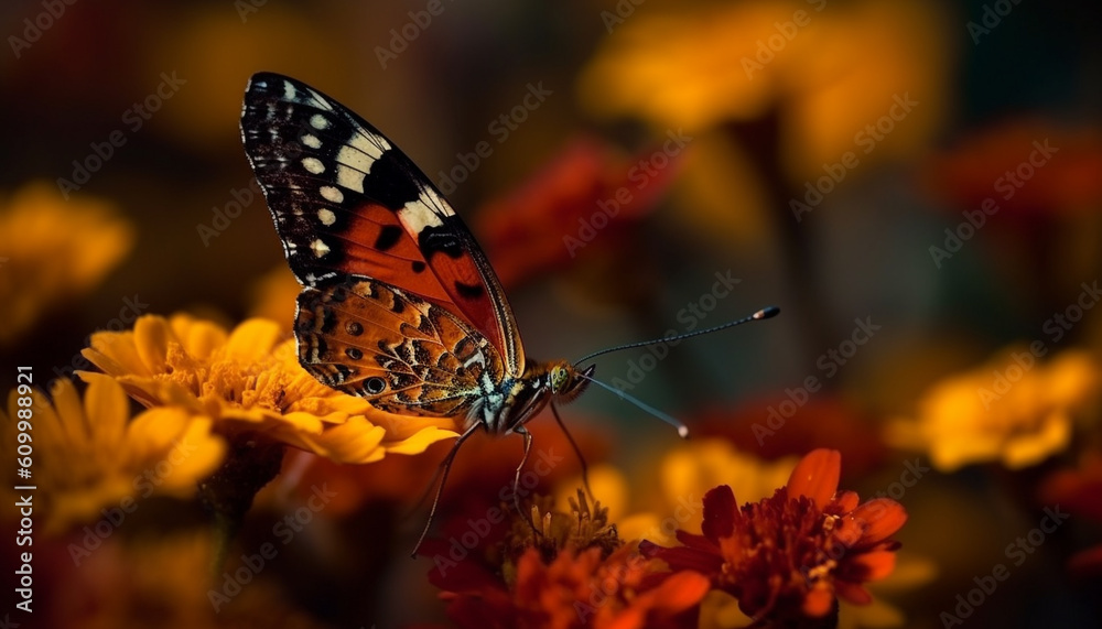 Vibrant butterfly pollinates yellow flower, showcasing natural beauty outdoors generated by AI