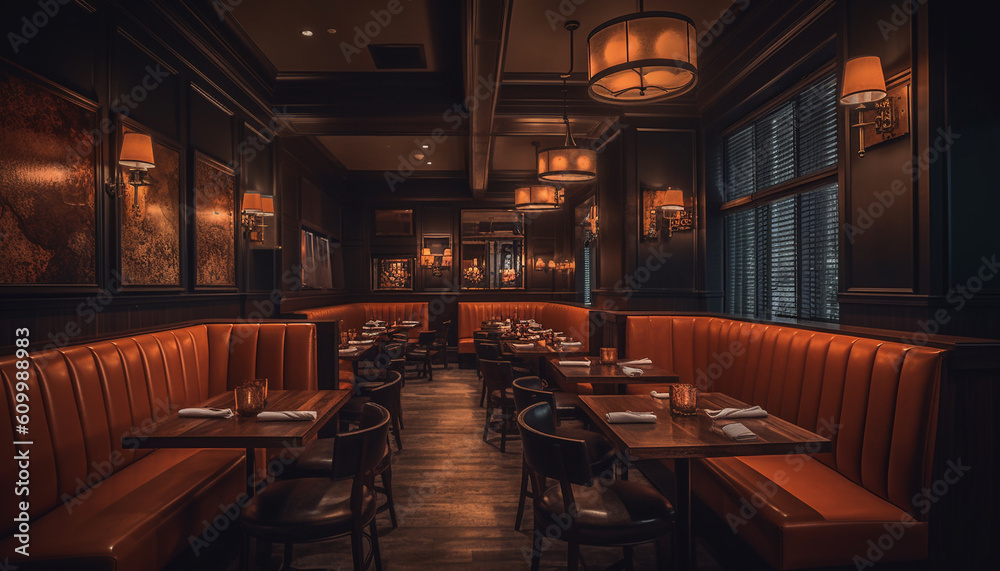 Luxury dining room with modern design, illuminated by electric lamps generated by AI