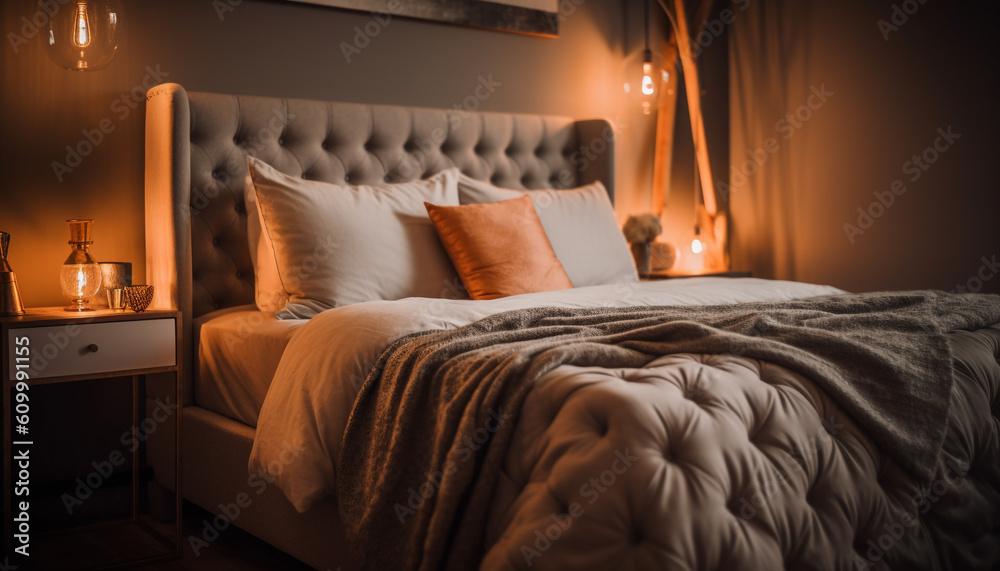 Modern hotel suite with elegant wood headboard and illuminated bedding generated by AI