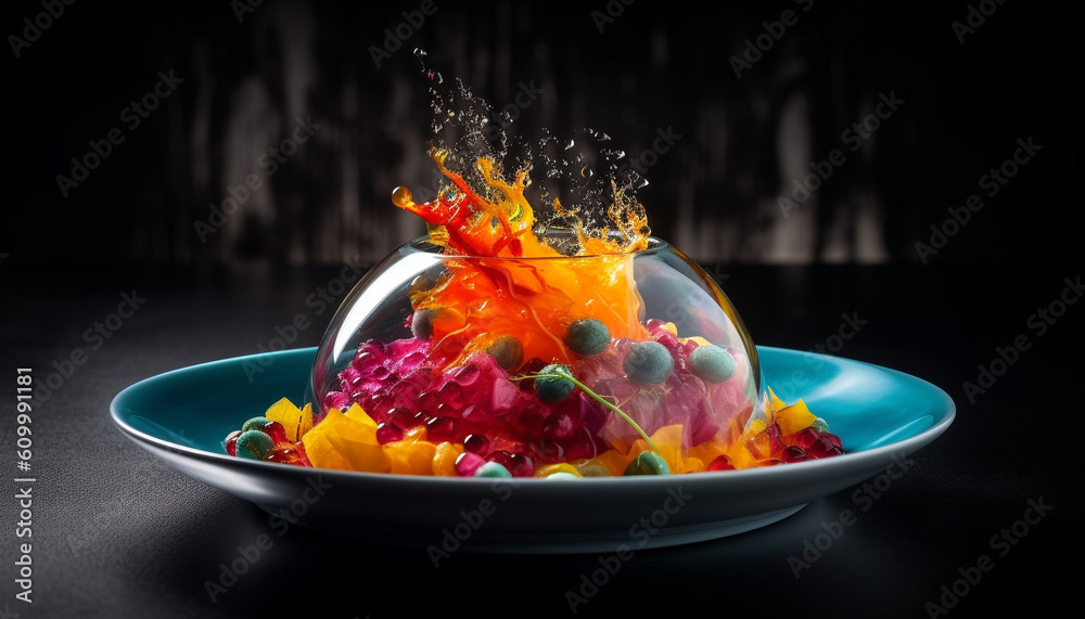 Vibrant colored gourmet dessert bowl with fresh fruit and candy generated by AI