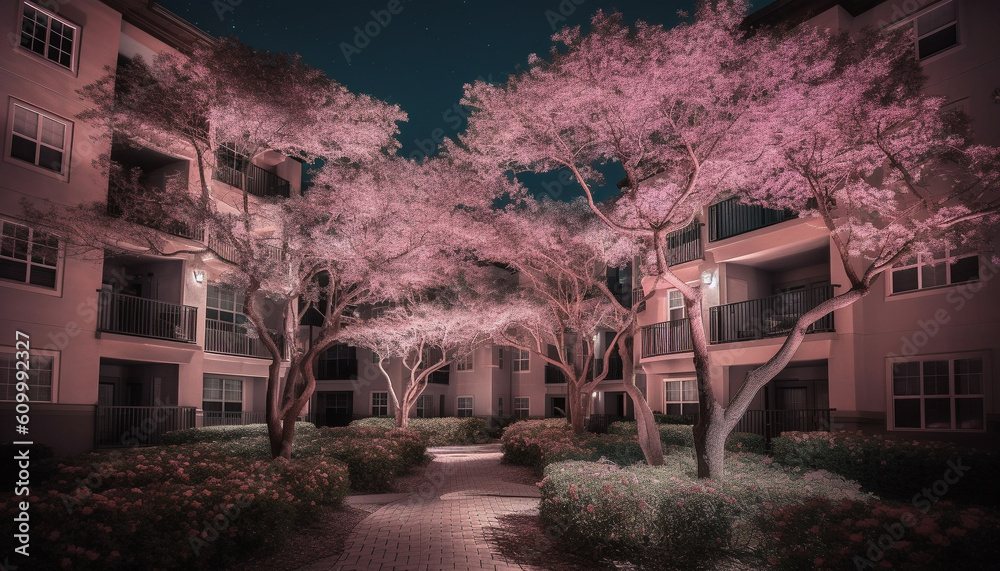 City street illuminated by multi colored electric lamps at dusk generated by AI