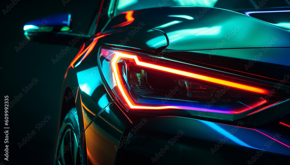 Glowing sports car igniting blurred motion on dark modern street generated by AI