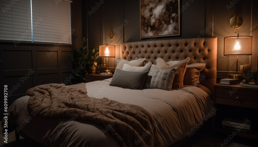 Cozy luxury hotel suite with modern bedding and elegant decor generated by AI