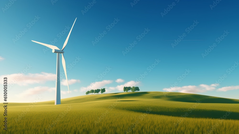 Wind turbine majestically standing in the green fields under a clear blue sky, exemplifying the harn