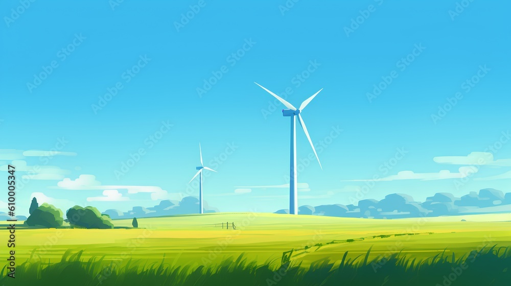 Wind turbine majestically standing in the green fields under a clear blue sky, exemplifying the harn