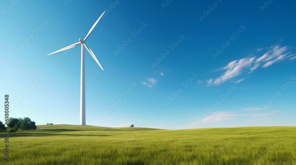 Wind turbine majestically standing in the green fields under a clear blue sky, exemplifying the harn