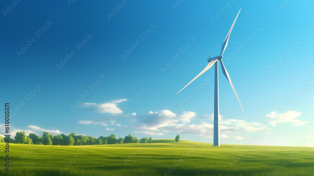 Wind turbine majestically standing in the green fields under a clear blue sky, exemplifying the harn