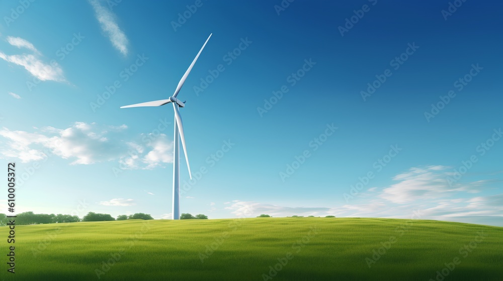 Wind turbine majestically standing in the green fields under a clear blue sky, exemplifying the harn