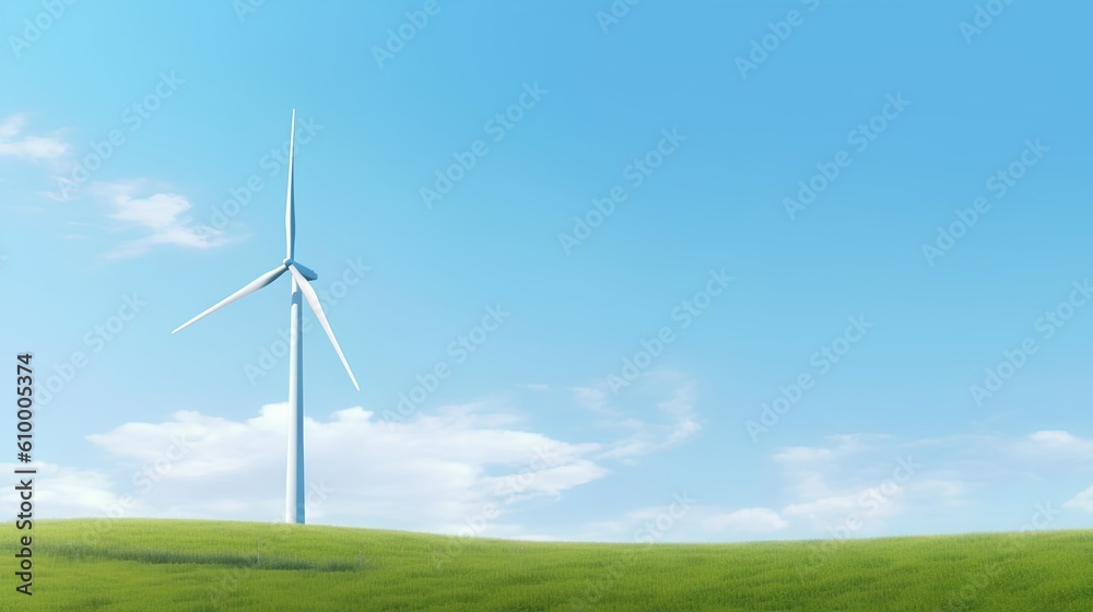 Wind turbine majestically standing in the green fields under a clear blue sky, exemplifying the harn