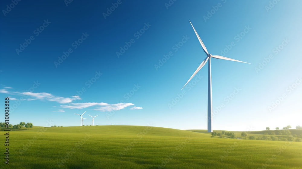 Wind turbine majestically standing in the green fields under a clear blue sky, exemplifying the harn