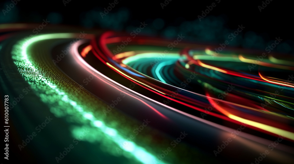 Energetic vibrations: lines of high-speed neon light waves create a dynamic movement of intense and 