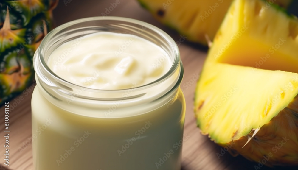 Fresh pineapple slice on wooden table, a healthy summer snack generated by AI