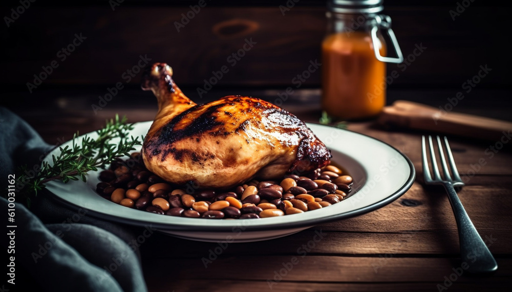 Rustic homemade meal with grilled white meat and fresh vegetables generated by AI