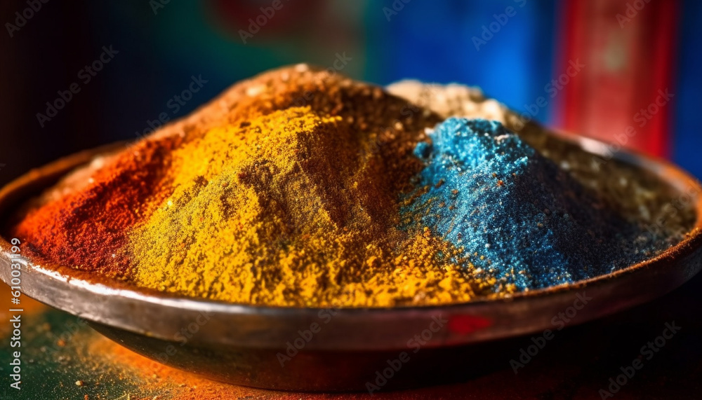 Vibrant multi colored spices add heat to healthy Indian cuisine generated by AI