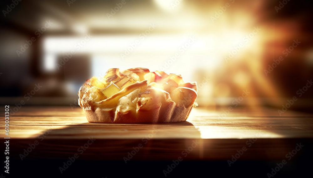 Bright baked dessert on wooden table, selective focus, indulgence celebration generated by AI