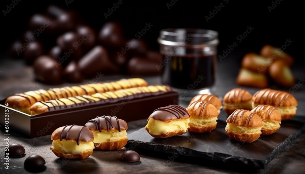 Indulgent homemade dessert plate with dark chocolate, fresh fruit, and coffee generated by AI