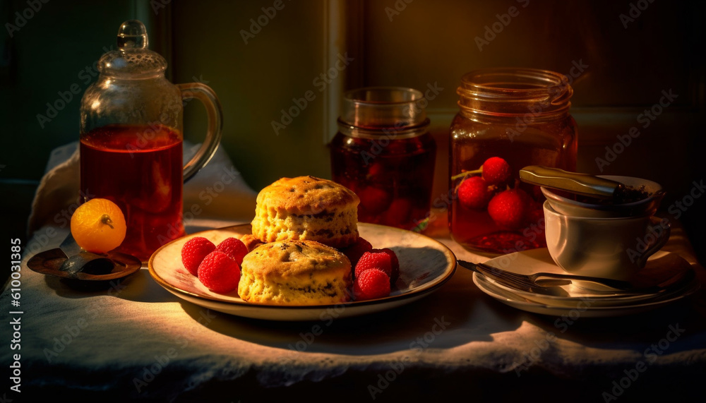 Fresh berry dessert on rustic wooden table, homemade indulgence generated by AI