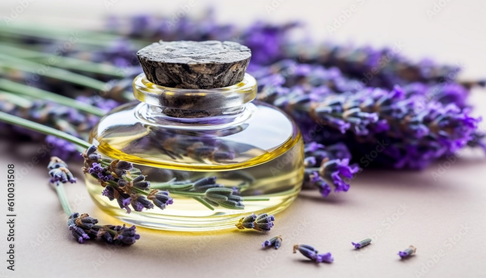 Purple lilac blossom infused oil for aromatherapy relaxation and beauty treatment generated by AI