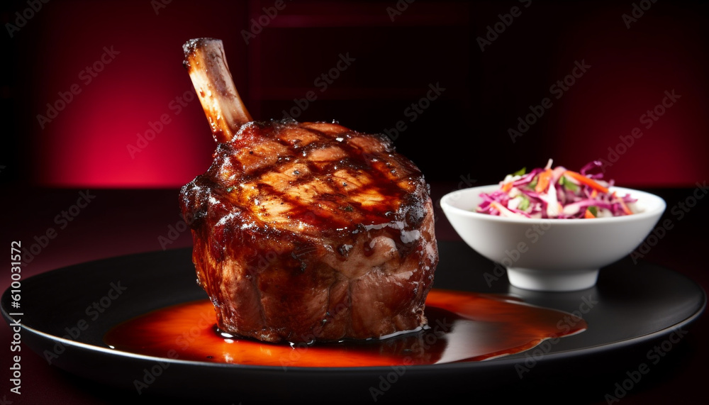 Grilled pork steak with vegetable salad and savory sauce, close up generated by AI