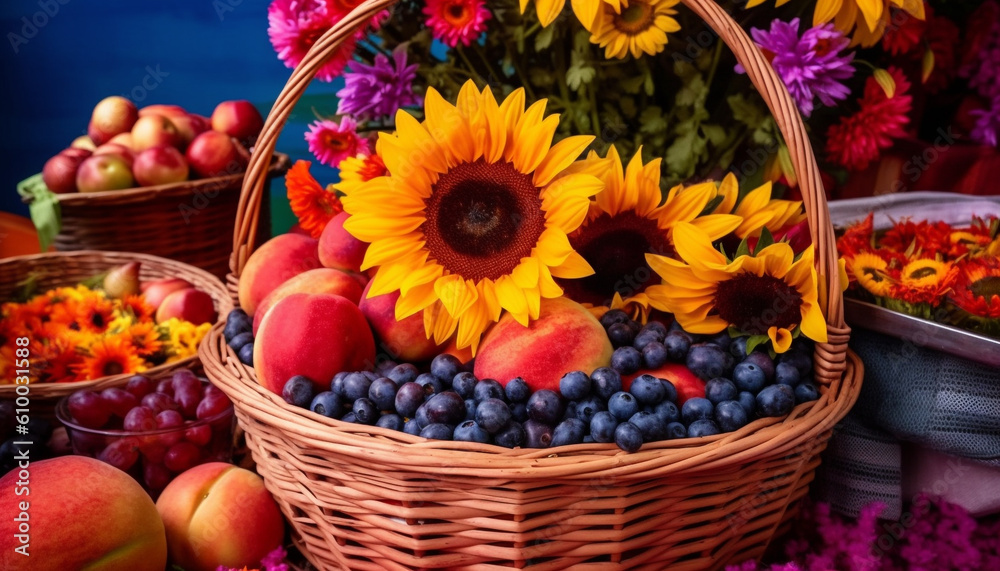 Fresh fruit basket with organic berries and sunflowers for decoration generated by AI